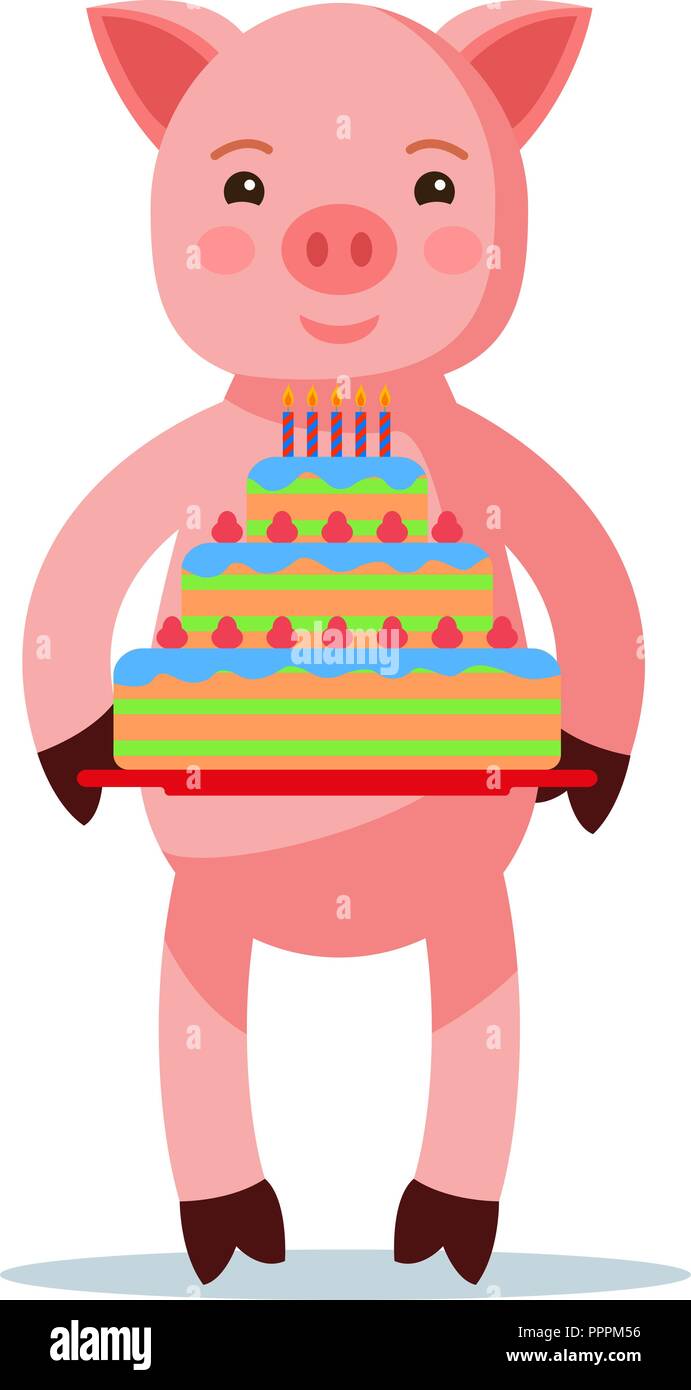 Cartoon rosa piglet in piedi con una torta Illustrazione Vettoriale