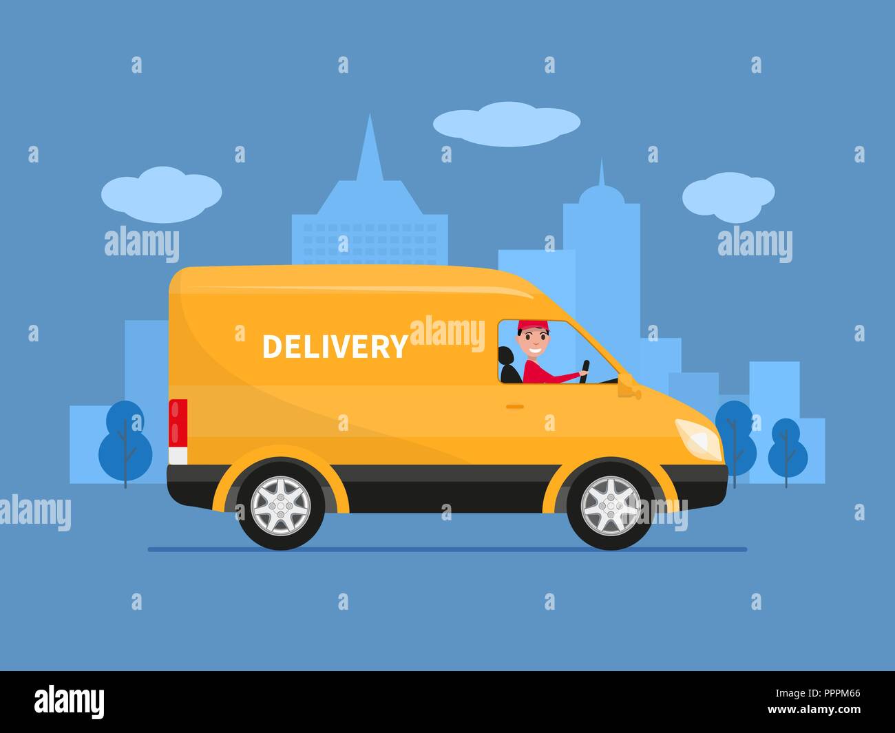 Il vettore consegna cartoon van con deliveryman Illustrazione Vettoriale
