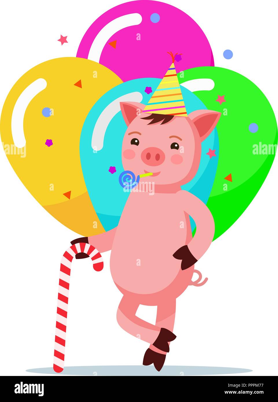 Maialino in piedi con una canna da zucchero caramella in un cappuccio di festa Illustrazione Vettoriale