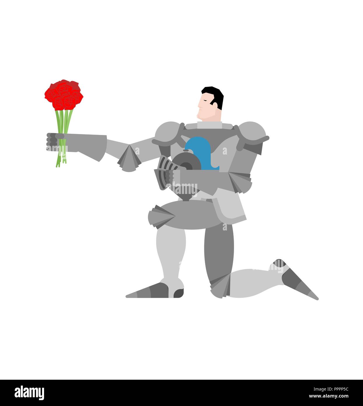 Knight in piedi su un ginocchio e bouquet di fiori. Il giorno di San Valentino. Febbraio 14 illustrazione. Illustrazione Vettoriale