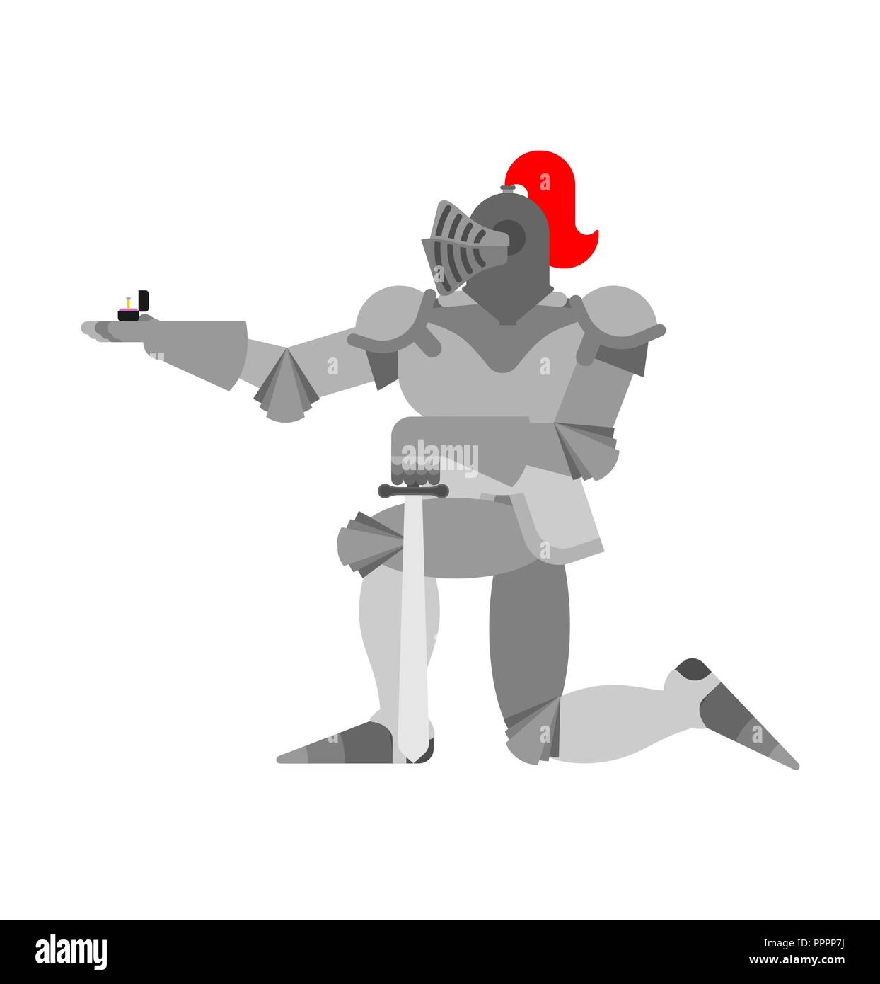 Knight in piedi su un ginocchio e anello di nozze. Il giorno di San Valentino. Febbraio 14 illustrazione. Illustrazione Vettoriale