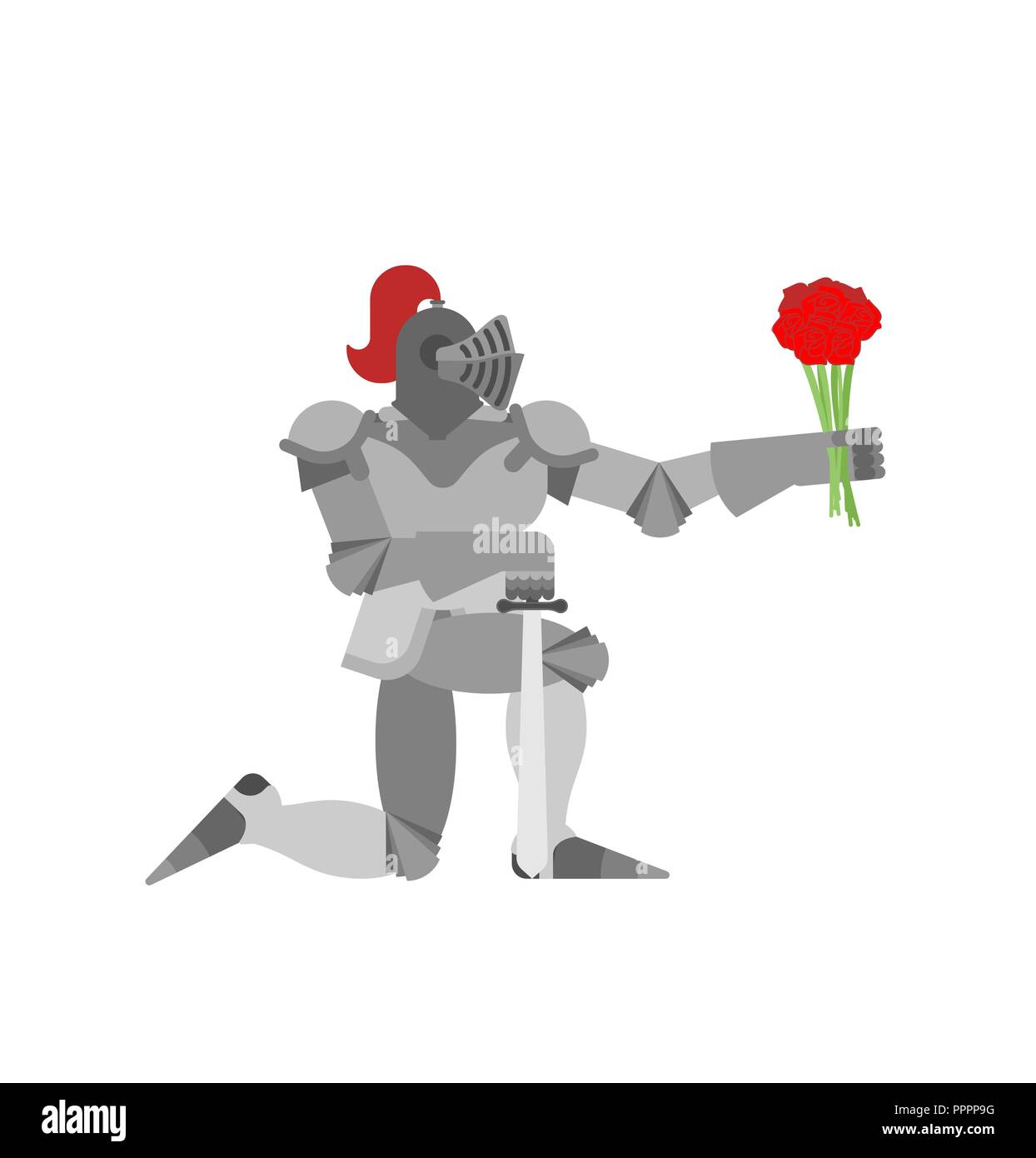 Knight in piedi su un ginocchio e bouquet di fiori. Il giorno di San Valentino. Febbraio 14 illustrazione. Illustrazione Vettoriale
