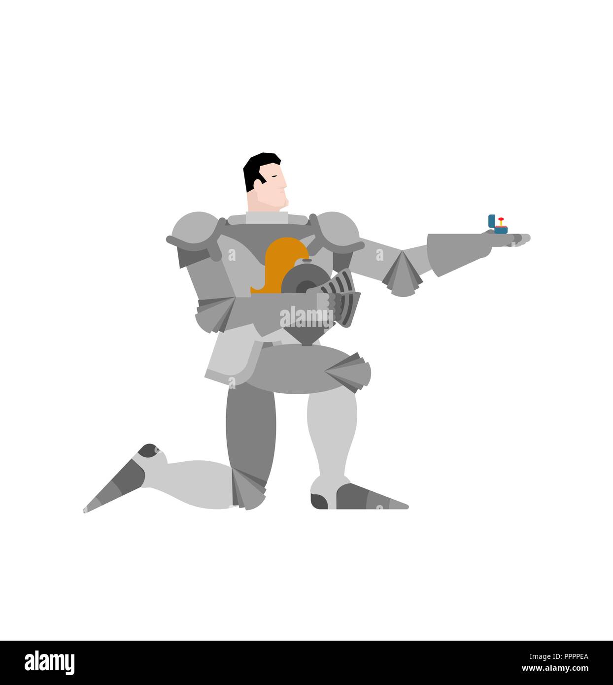 Knight in piedi su un ginocchio e anello di nozze. Il giorno di San Valentino. Febbraio 14 illustrazione. Illustrazione Vettoriale