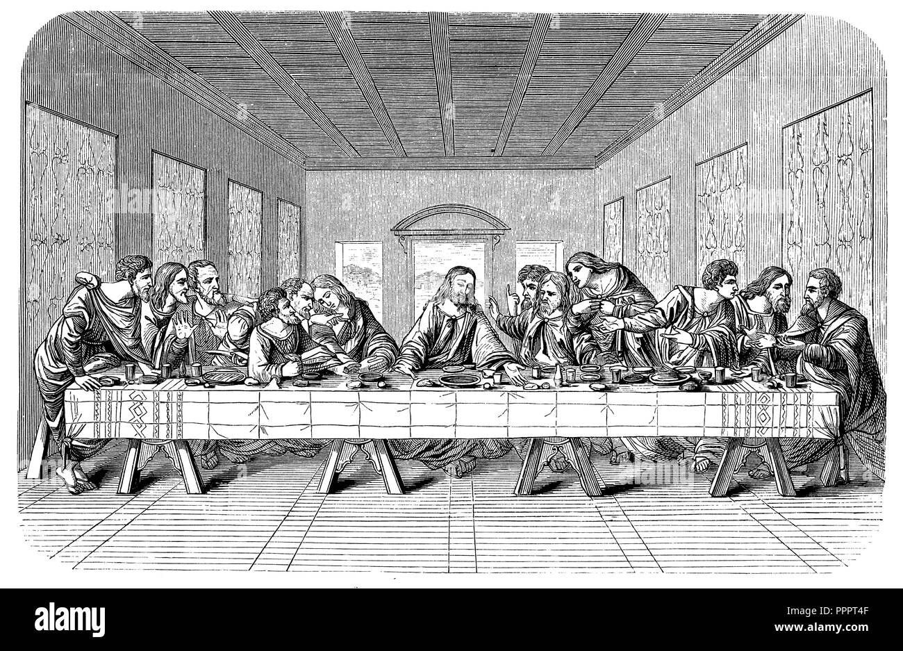 Cena. Dopo la pittura di Leonardo da Vinci, Gesù Cristo e i dodici Apostoli, Leonardo da Vinci 1887 Foto Stock