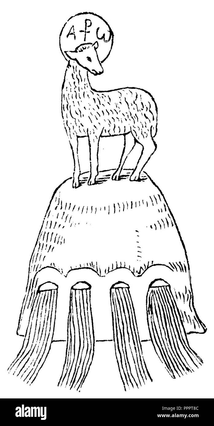 Agnello di Dio con nimbus, il monogramma di Cristo e A., Foto Stock