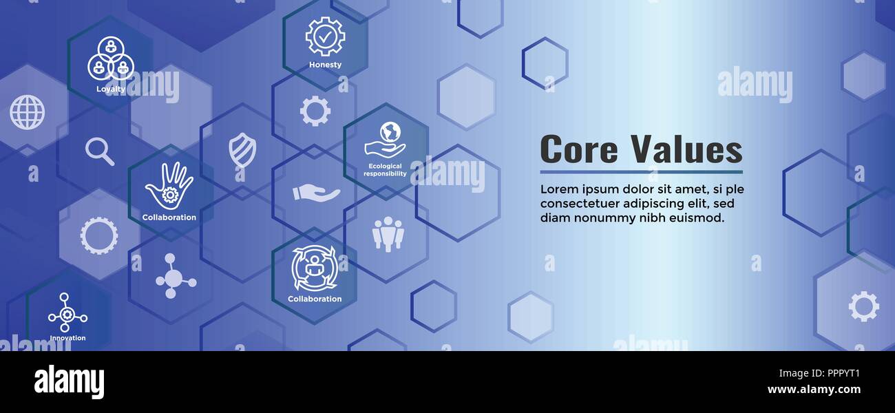 Valori Core Web Banner di intestazione immagine - Integrità, missione, etc icona impostare Illustrazione Vettoriale