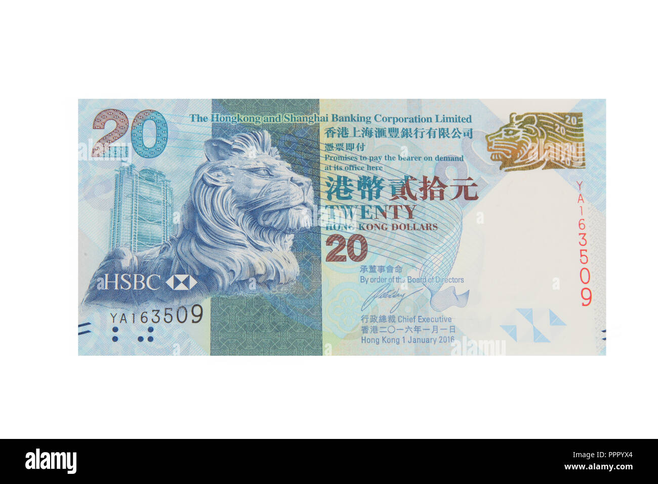 La parte anteriore di un 20 Dollaro di Hong Kong bank nota Foto Stock