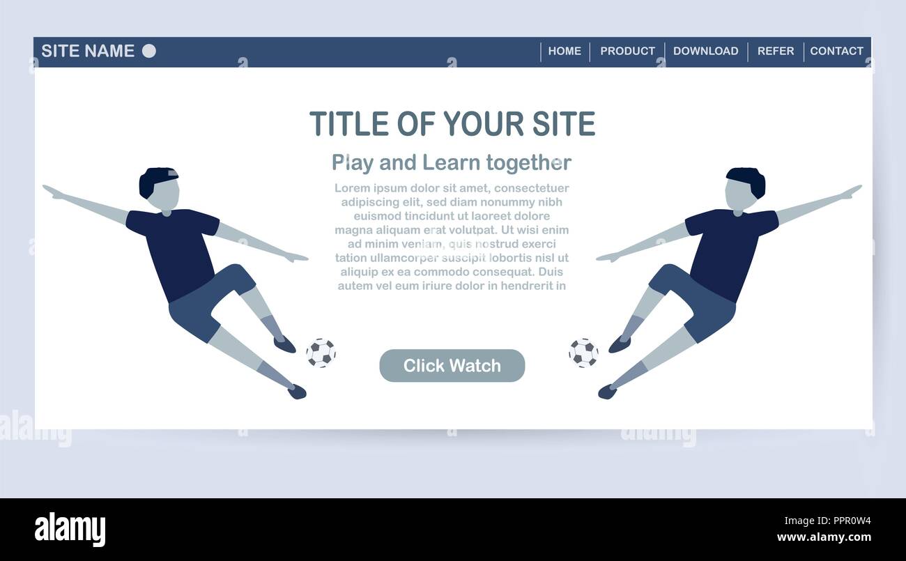 Modello di sito web design isolato su sfondo bianco con copia spazio in tonalità blu. Illustrazione Vettoriale per UX/UI con carattere di giocatori di calcio. Illustrazione Vettoriale