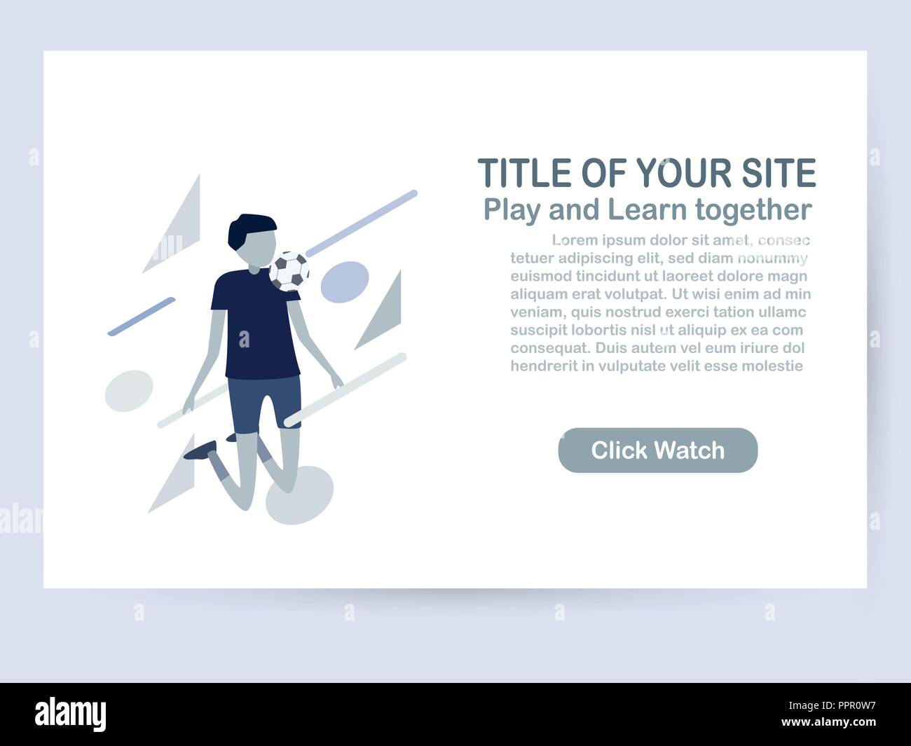 Modello di sito web design isolato su sfondo bianco con copia spazio in tonalità blu. Illustrazione Vettoriale per UX/UI con carattere di giocatori di calcio. Illustrazione Vettoriale