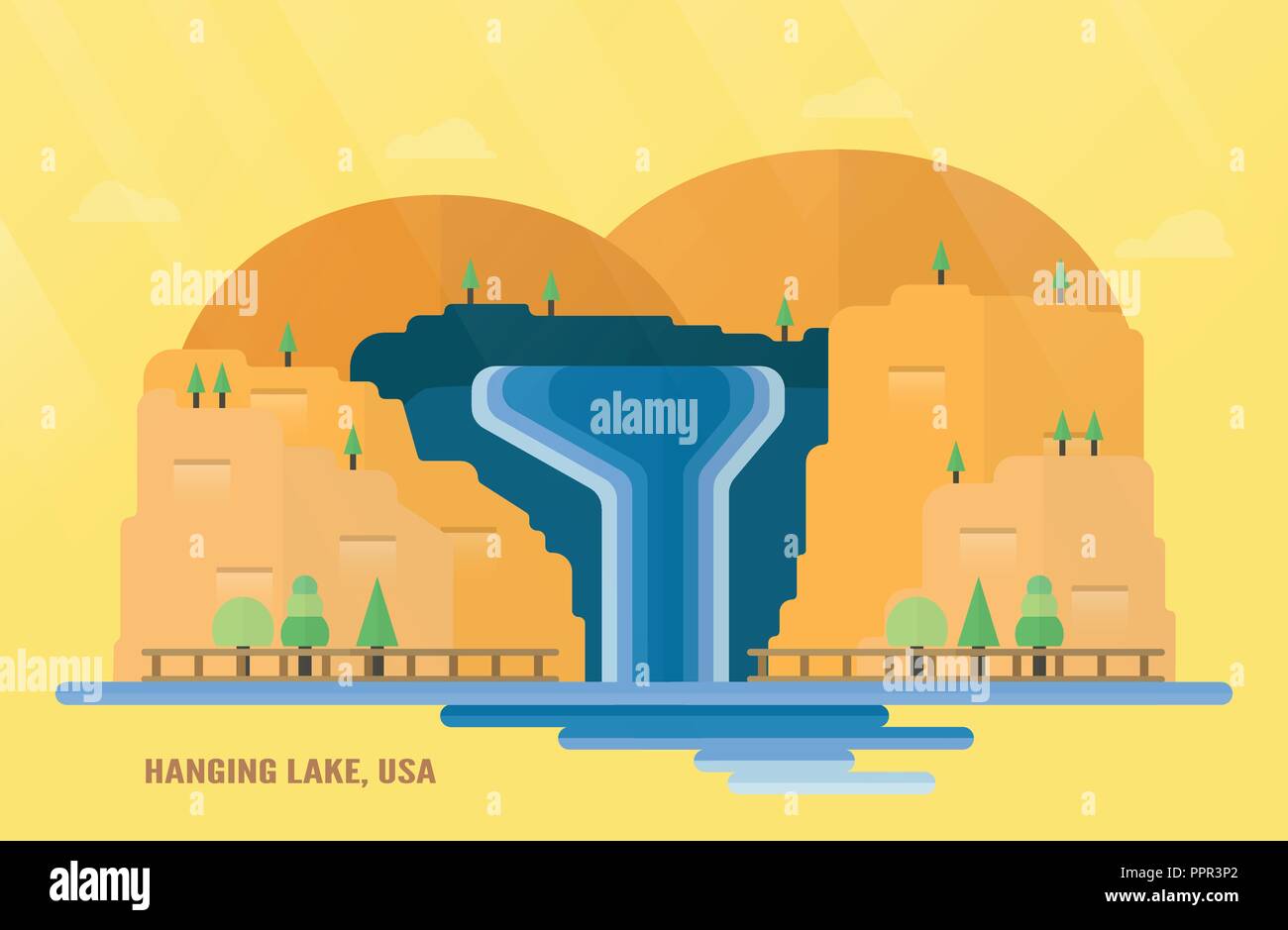 Stati Uniti Stato del Colorado i punti di riferimento per viaggiare con appeso il lago, acqua caduta e alberi. Illustrazione Vettoriale con copia di spazio e luce parassita di luce sul giallo Illustrazione Vettoriale