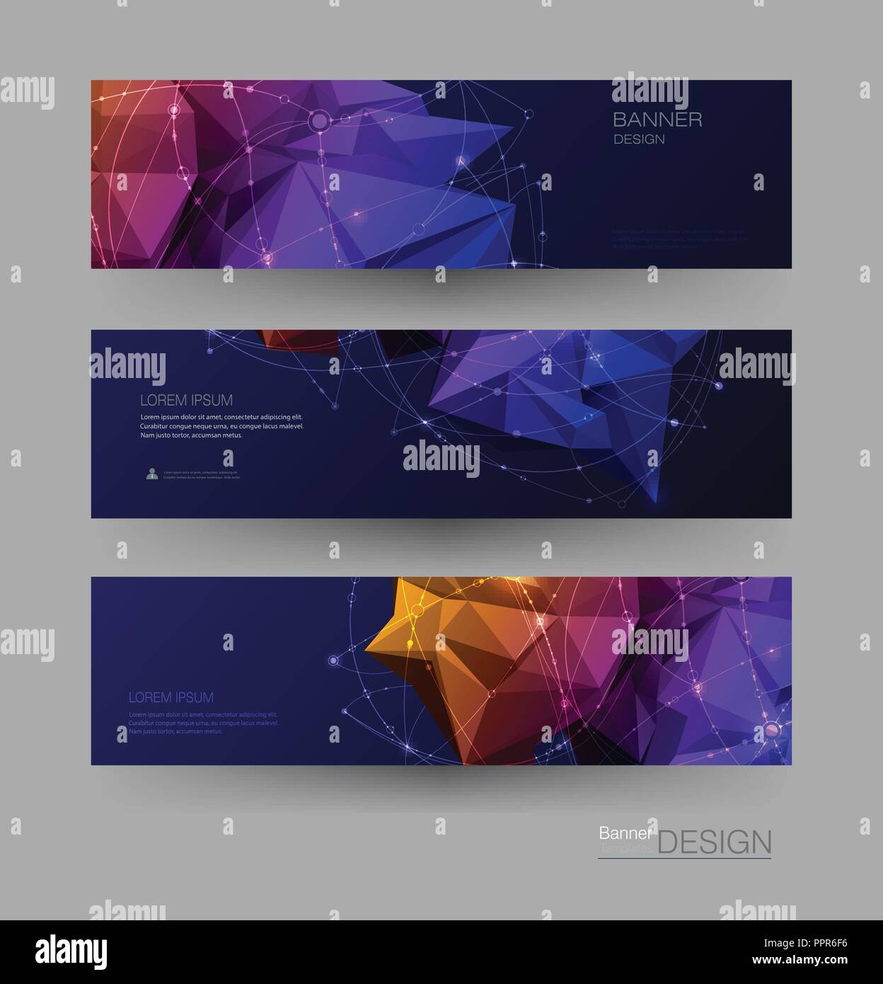 Le molecole di astratta banner impostato con le linee,,geometrica poligono. Il design del vettore di comunicazione di rete sullo sfondo. Il futuristico digital science technology con Illustrazione Vettoriale