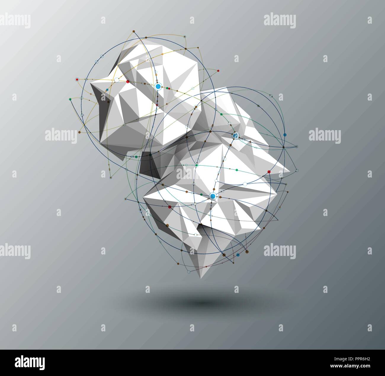 Vettore 3D illustrazione geometrica, Poligono, linea,Triangolo forma del modello con struttura di molecola. Forma poligonale con sfondo grigio chiaro. La scienza astratta Illustrazione Vettoriale