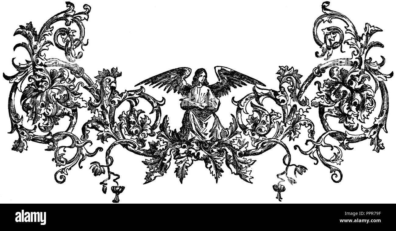 Ornamento: capitolo vignette con angelo, 1863 Foto Stock
