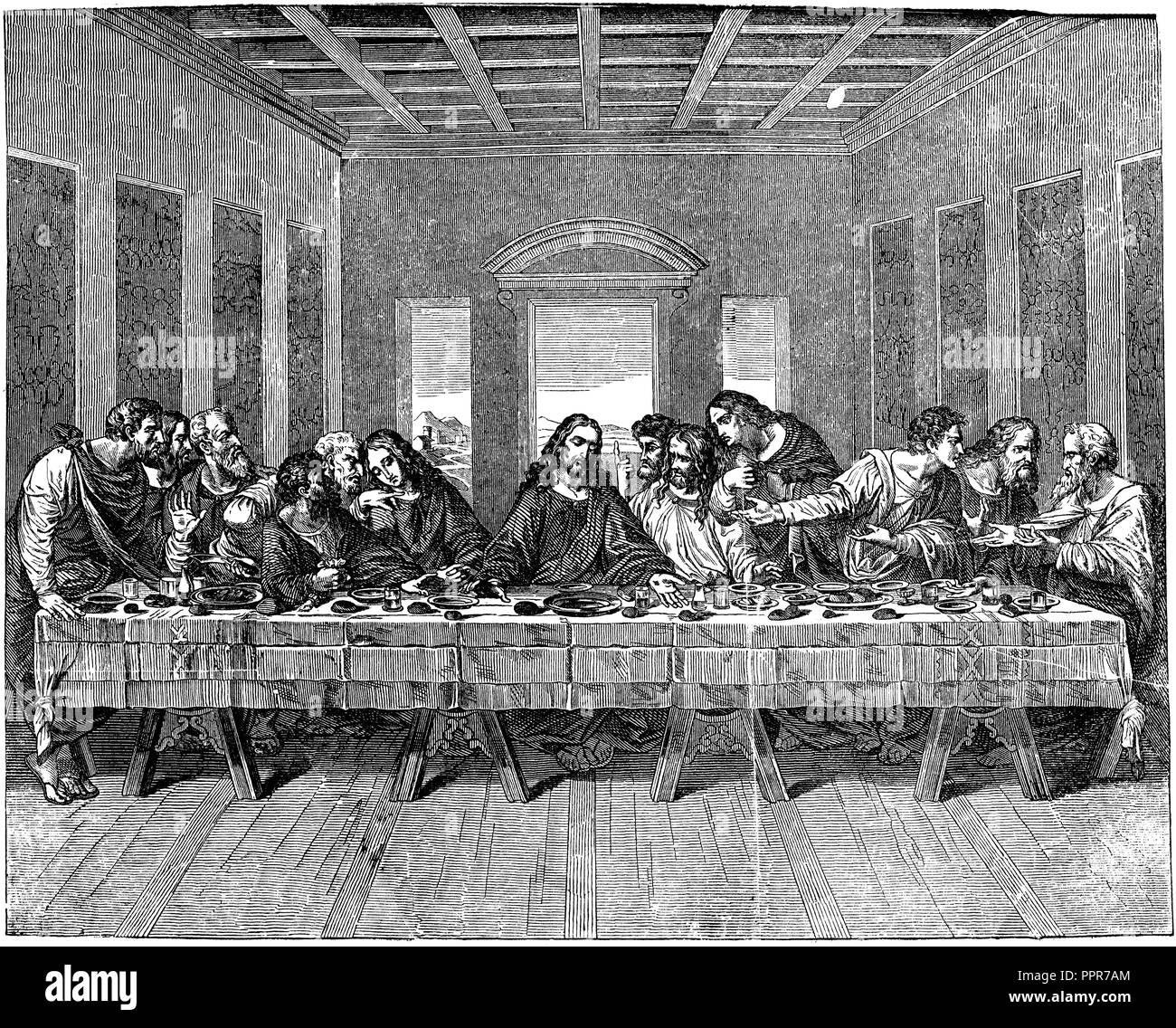 Cena. Dopo la pittura di Leonardo da Vinci, Gesù Cristo e i dodici Apostoli, Leonardo da Vinci 1863 Foto Stock