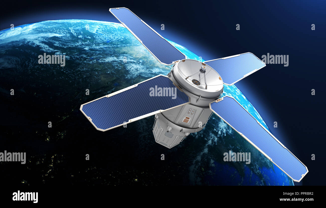 Sci-Fi sattellite sull'orbita della Terra. Gli elementi di questa immagine fornita da NASA . 3D illustrazione Foto Stock