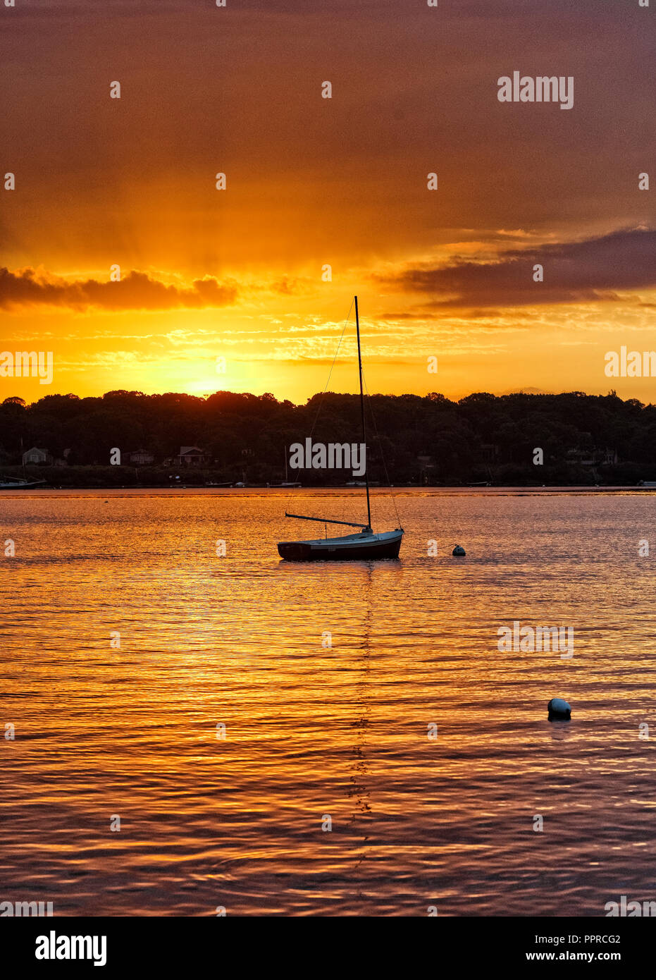 Sunrise barca a vela, la laguna, West Tisbury, Martha's Vineyard, Massachusetts, STATI UNITI D'AMERICA. Foto Stock