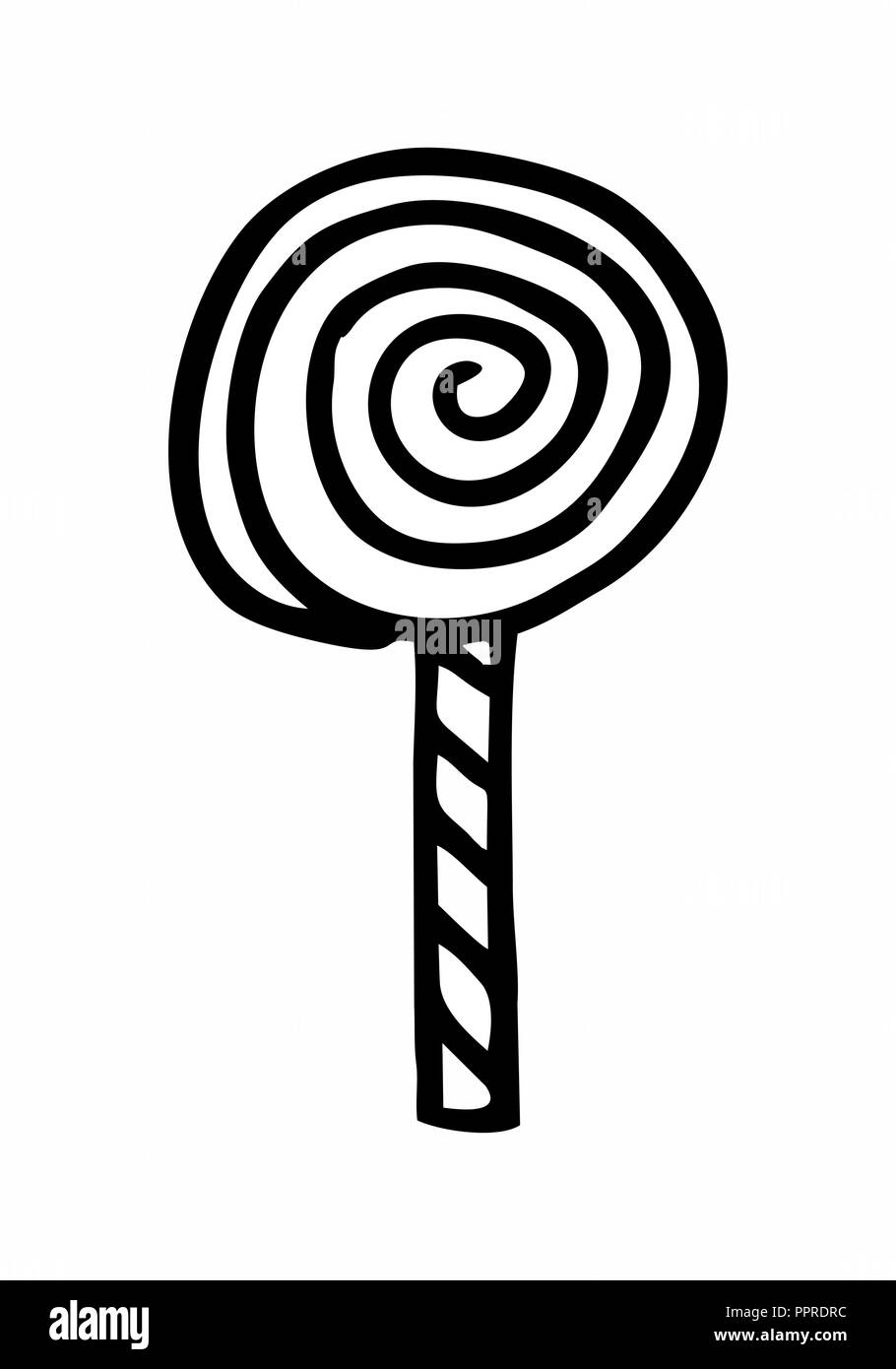 Freehand illustrazione di una spirale lollipop. Contorni neri su sfondo bianco. Illustrazione Vettoriale