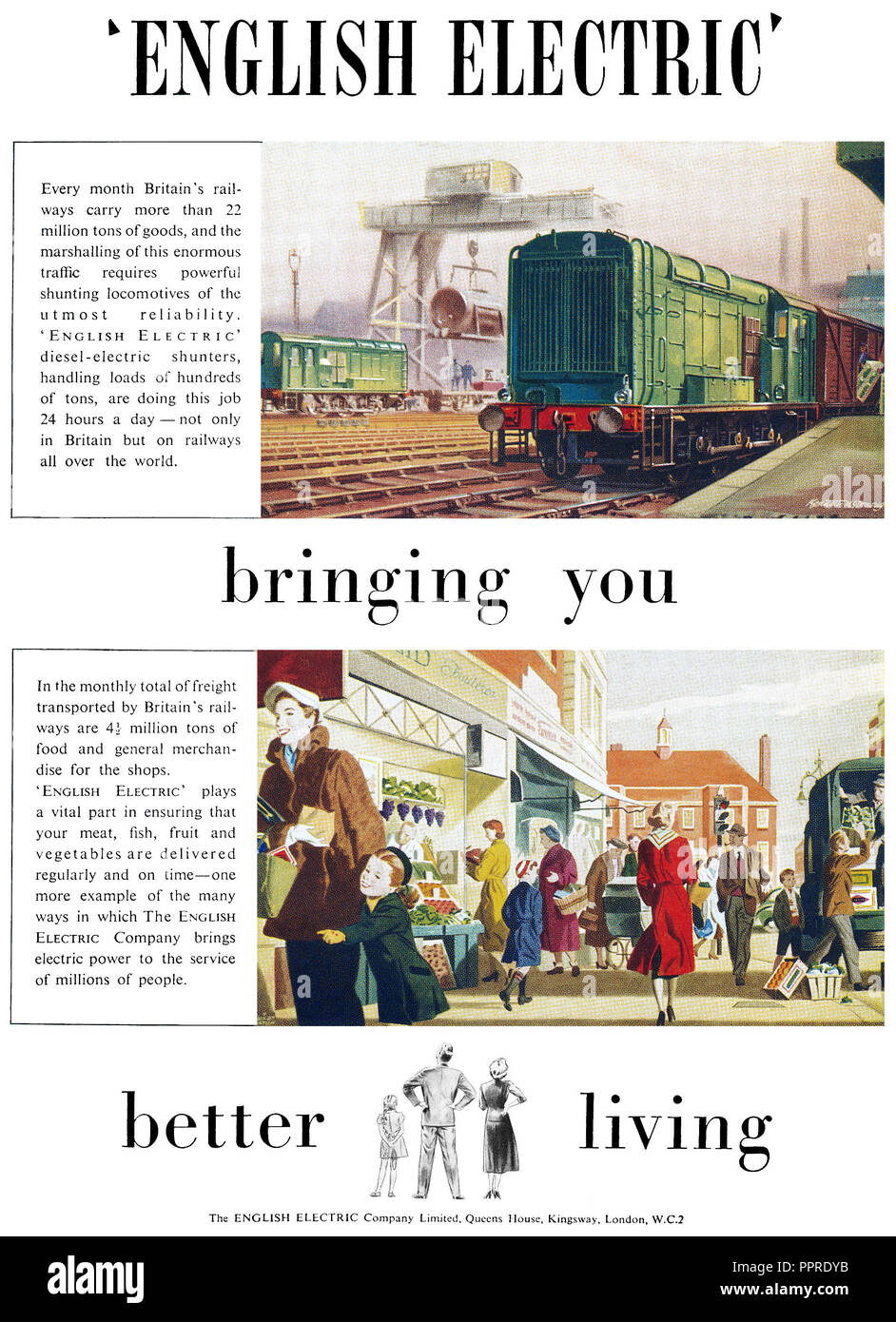 1952 British pubblicità per l'inglese Electric Company diesel-elettrica ferroviaria trasportatori a muletto. Foto Stock
