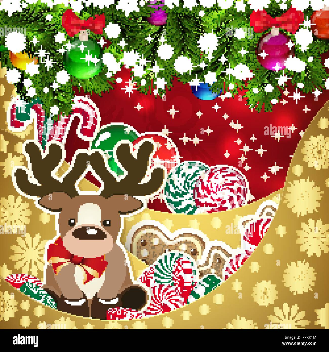 Deer sullo sfondo di caramelle, decorate le palle di Natale rami. Sfondo rosso e oro strati, decorata con motivi a fiocco di neve. Auto di natale Illustrazione Vettoriale