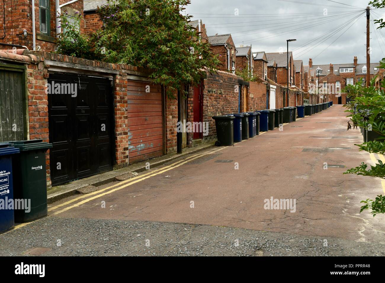 Ordinatamente in fila bidoni in West Jesmond a Newcastle upon Tyne Foto Stock