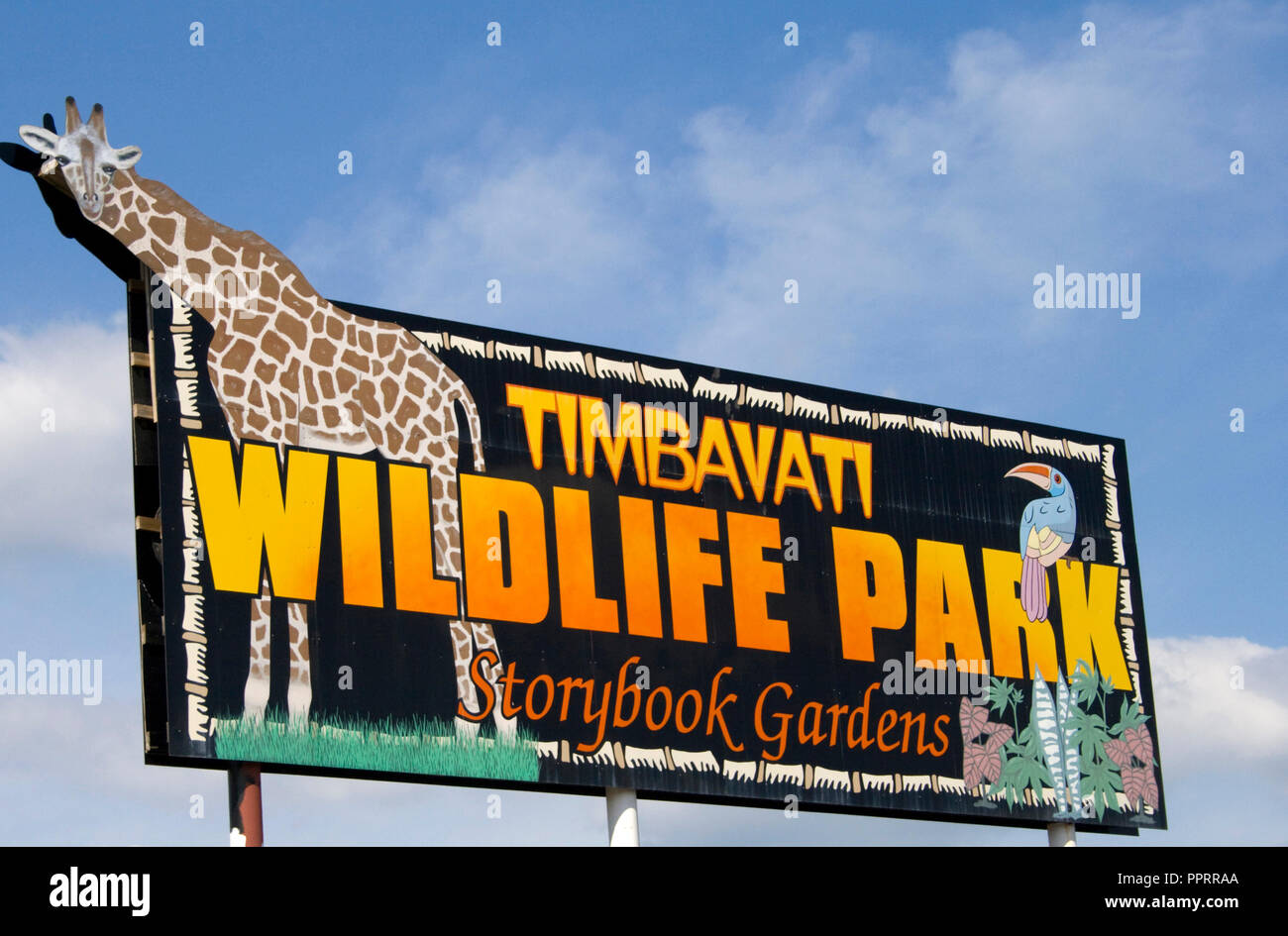 Grande segno di affissioni promuovere Timbavati Wildlife Park e Storybook Garden home a 400 animali e 70 specie. Wisconsin Dells WI Wisconsin USA Foto Stock