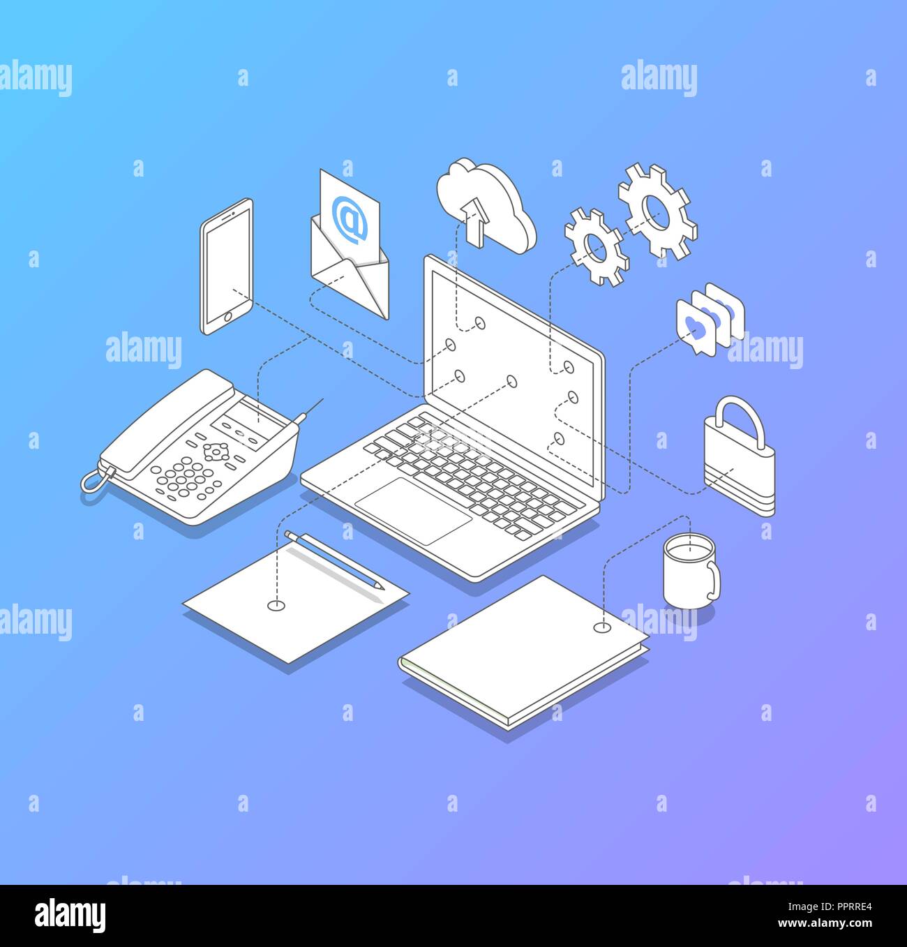 Vettore di linea illustrazione della scrivania in ufficio per le soluzioni IT. Tale noi connessione computer, telefonia internet security. Moderno stile isometrico. Illustrazione Vettoriale