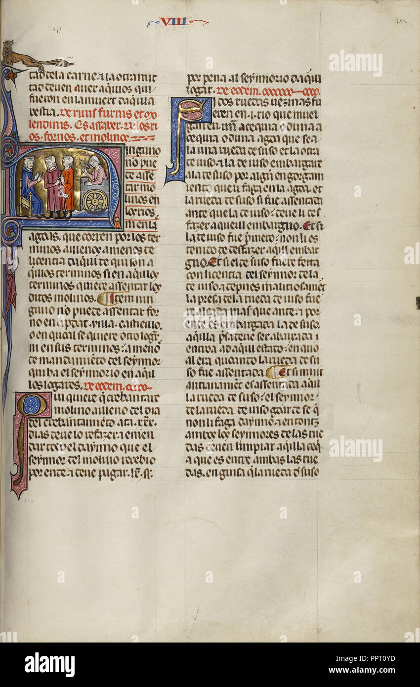 N iniziale: due uomini davanti a un giudice mentre un terzo uomo costruisce un mulino; sconosciuto, Michael Lupi de Çandiu, Spagnolo, attivo Pamplona Foto Stock