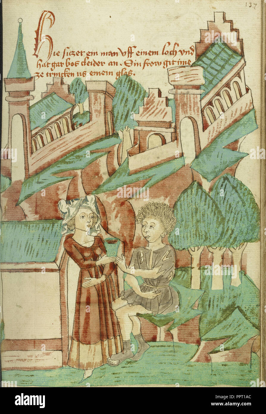 Una giovane donna di dare qualcosa da bere a un uomo in indumenti strappati; seguace di Hans Schilling, Tedesco, attivo 1459 - 1467) Foto Stock