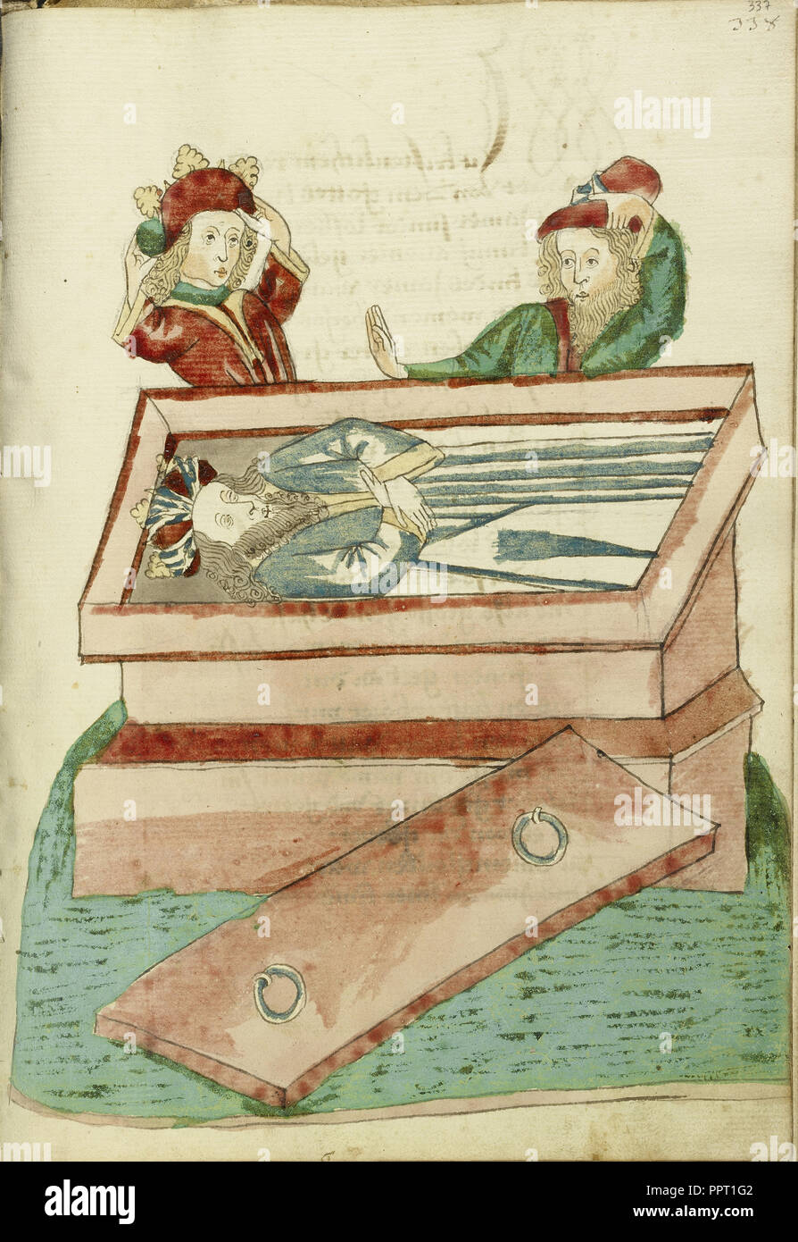 Josaphat e un altro uomo piangono i morti re Avenir nella sua bara; seguace di Hans Schilling, Tedesco, attivo 1459 - 1467) Foto Stock
