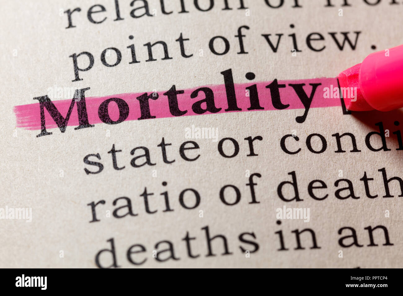 Fake Dizionario, definizione del dizionario della parola mortalità. comprendente i principali parole descrittive. Foto Stock