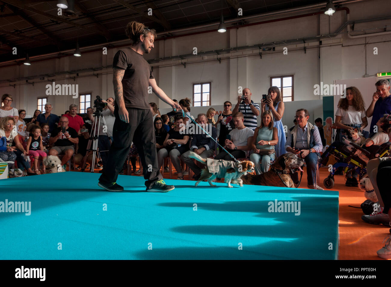 Firenze, Italia - 2018, 22 settembre: Pet pista della mostra. Il lusso haute couture per cani in passerella a "seguire il vostro animale domestico" 2018 expo. Foto Stock