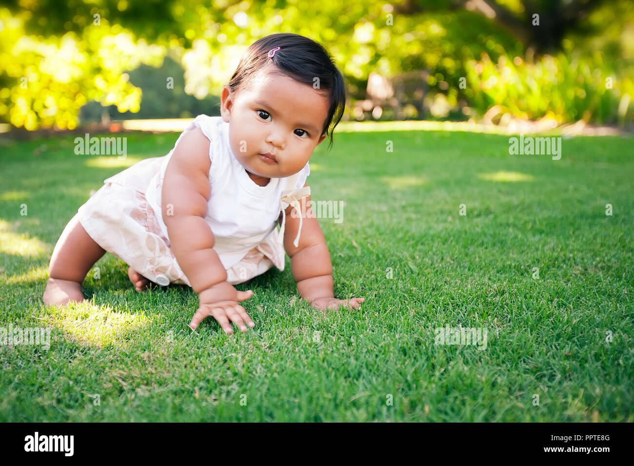 Bella ragazza latino tenendo i suoi primi passi striscianti su morbida erba di primavera Foto Stock