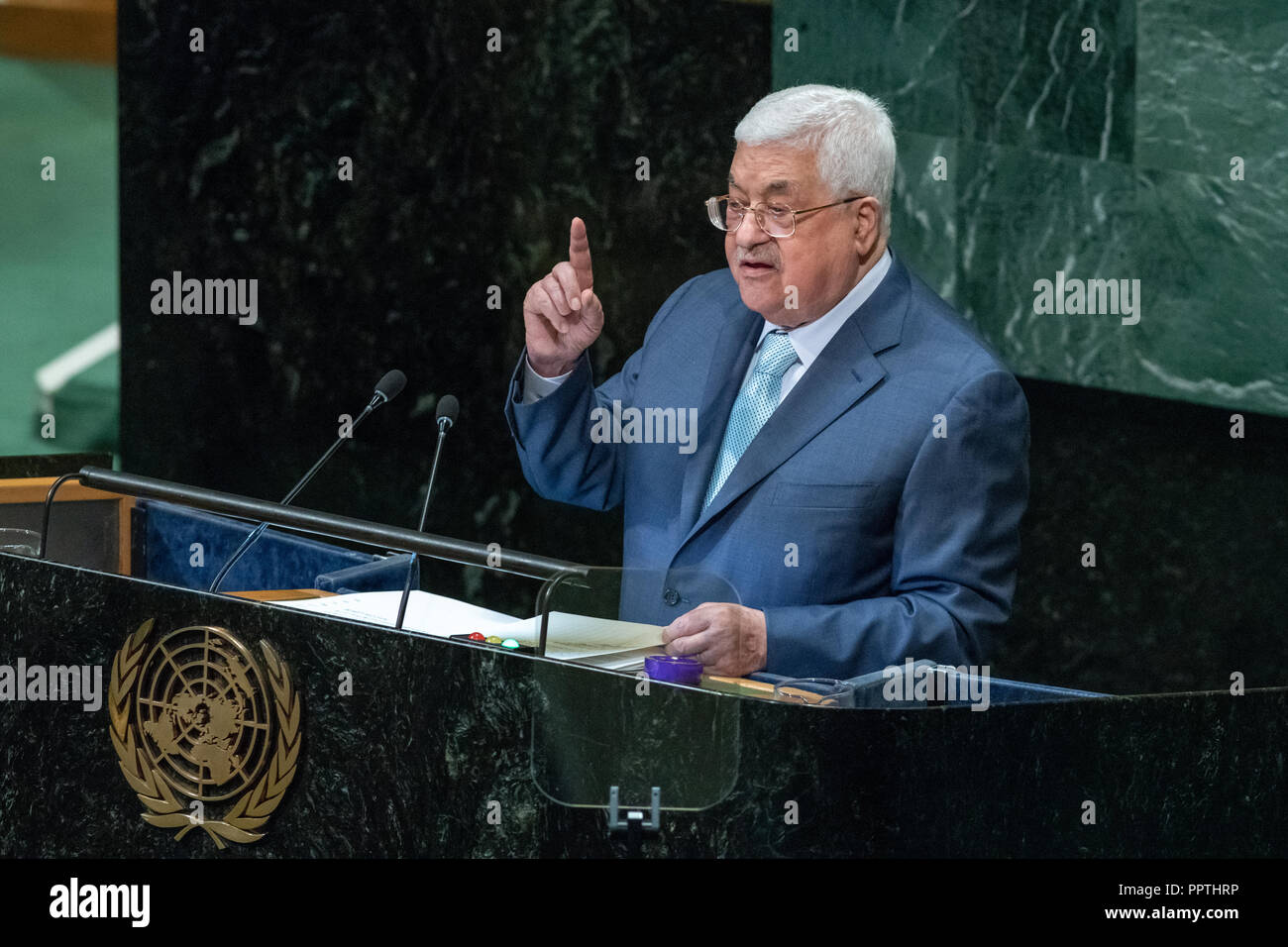 New York, Stati Uniti d'America, 27 settembre 2018. Mahmoud Abbas, Presidente dello Stato di Palestina, indirizzi alla 73a Assemblea generale delle Nazioni Unite presso la sede delle Nazioni Unite a New York City. Foto di Enrique Shore Credit: Enrique Shore/Alamy Live News Foto Stock