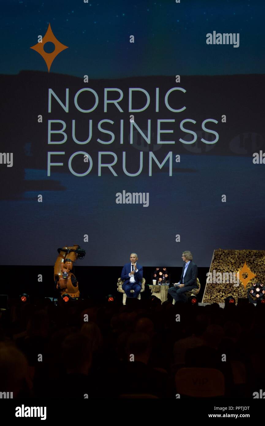 A Helsinki, Finlandia, Settembre 27th, 2018. Il presidente Barack Obama parla al Nordic Business Forum seminario di Helsinki Messukeskus. Shoja Lak/Alamy Live News Foto Stock