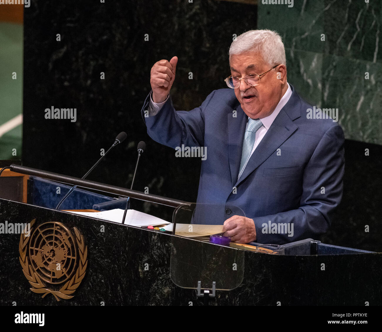 New York, Stati Uniti d'America, 27 settembre 2018. Mahmoud Abbas, Presidente dello Stato di Palestina, indirizzi alla 73a Assemblea generale delle Nazioni Unite presso la sede delle Nazioni Unite a New York City. Foto di Enrique Shore Credit: Enrique Shore/Alamy Live News Foto Stock