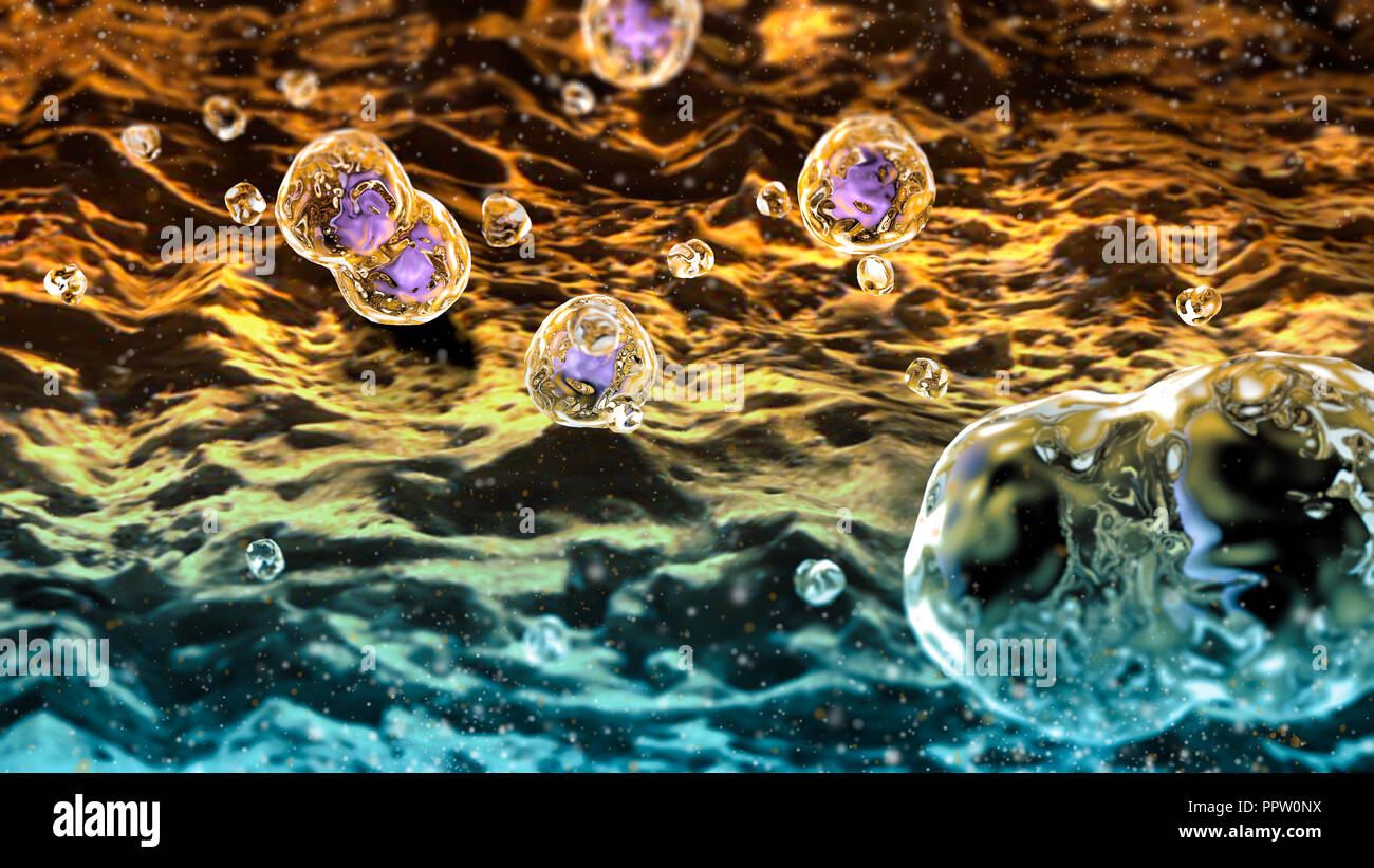 Cellule, i microrganismi, formazione di vita. Duplicazione cellulare. La formazione di batterie e microrganismi visto sotto un microscopio, rendering 3D Foto Stock