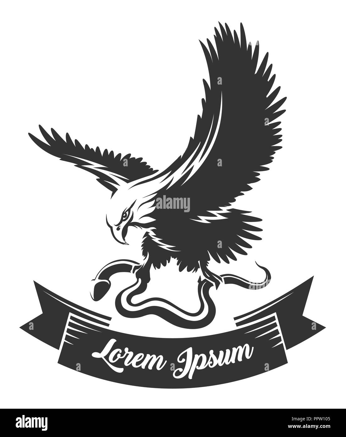 Eagle detiene il serpente in una griffe e nastro per il tuo testo disegnato in stile di incisione. Illustrazione Vettoriale Illustrazione Vettoriale
