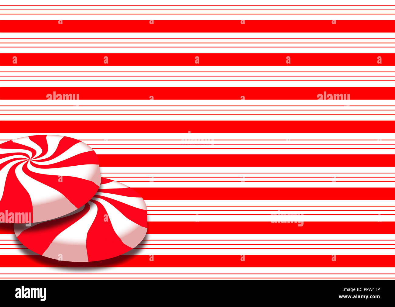 Candy Striped design con swirling rosso e bianco menta peperita dura caramella illustra il tema delle vacanze di Natale. Immagine di sfondo. Foto Stock