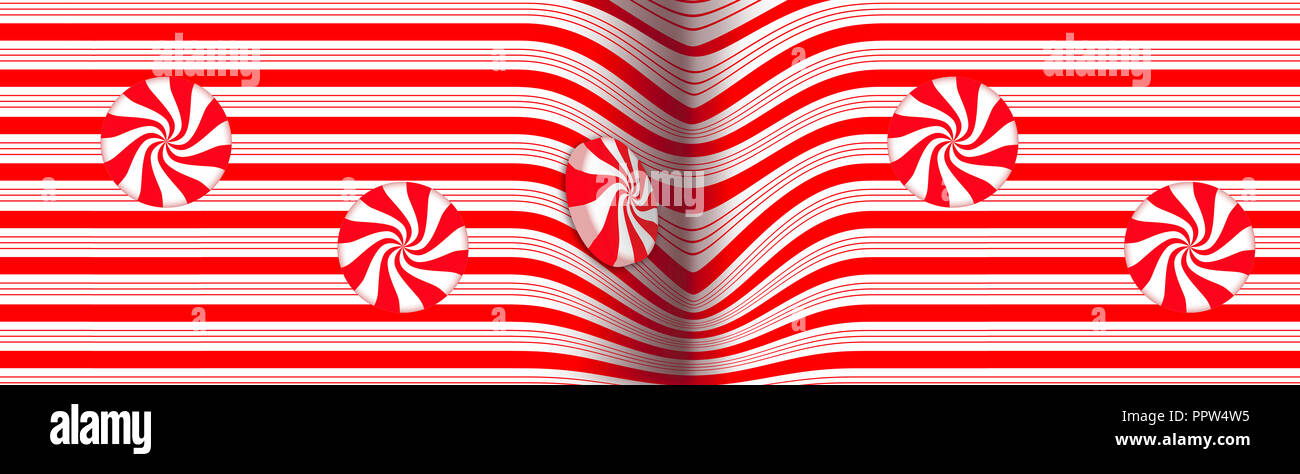 Candy Striped design con swirling rosso e bianco menta peperita dura caramella illustra il tema delle vacanze di Natale. Immagine di sfondo. Foto Stock