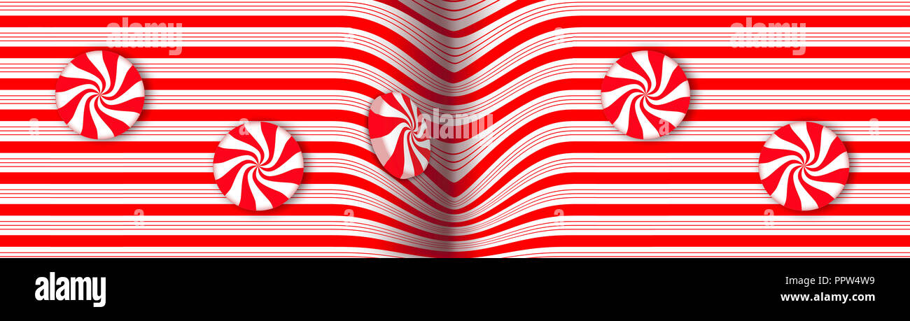 Candy Striped design con swirling rosso e bianco menta peperita dura caramella illustra il tema delle vacanze di Natale. Immagine di sfondo. Foto Stock