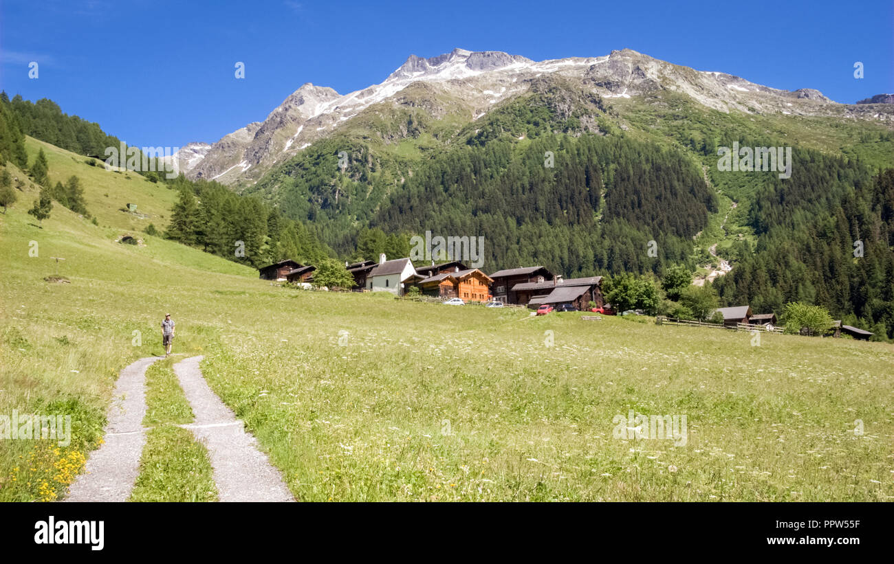 Guardando la Binntal (Vallese, Svizzera). La valle è drenata dall'Binna, un affluente del fiume Rodano e chiamato dopo Binn, l'insediamento principale Foto Stock