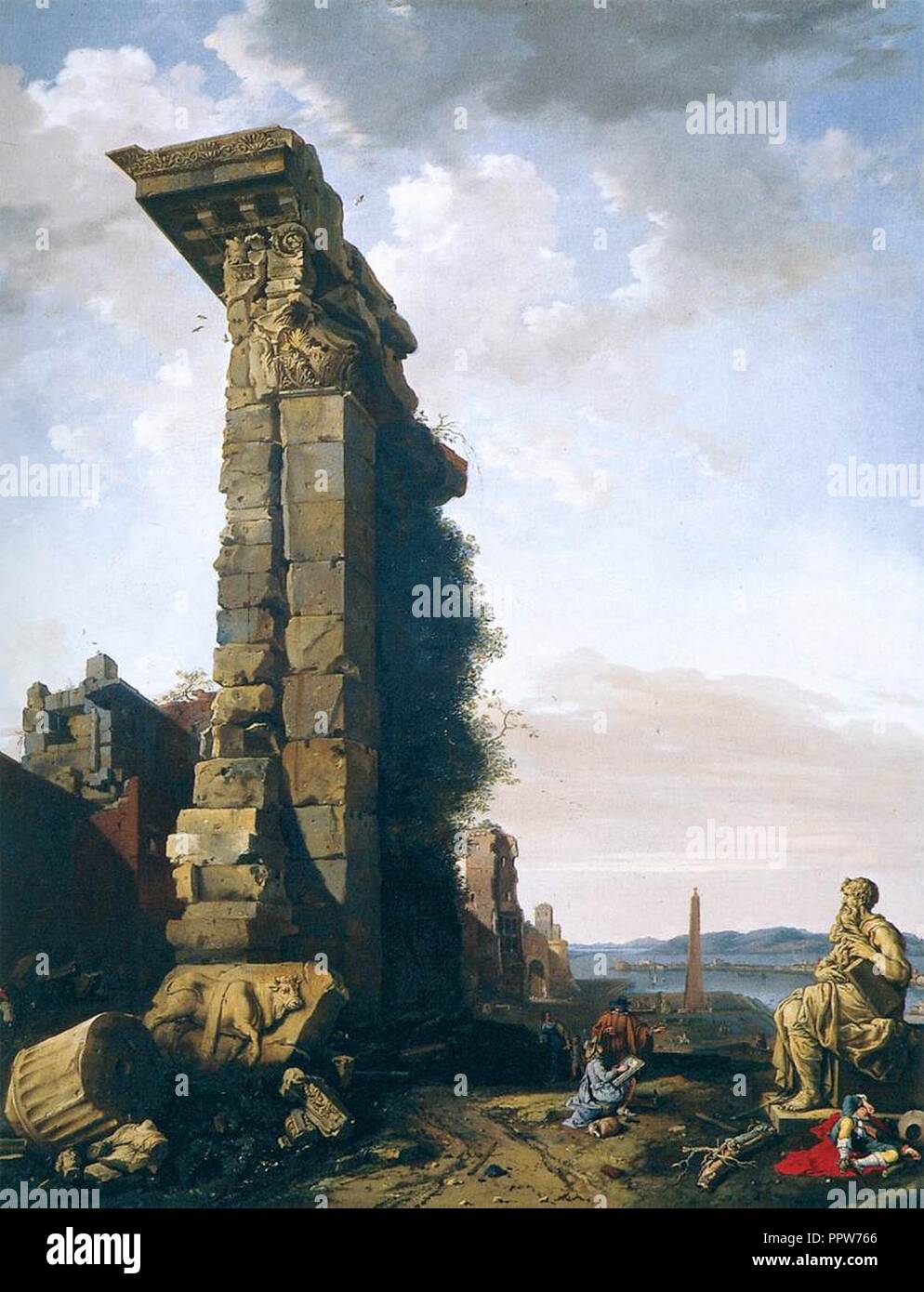 BREENBERGH, Bartholomeus idealizzato vista con le rovine romane, sculture e una porta. Foto Stock