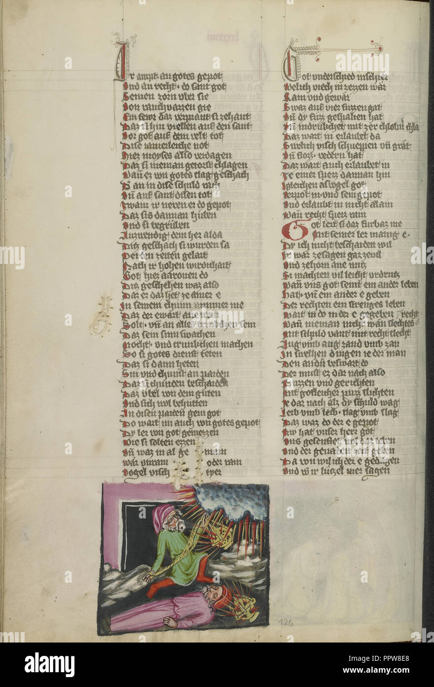 La Punizione di Nadab e Abihu per il loro traffico illecito di sacrificio; Regensburg, Baviera, Germania; circa 1400 - 1410; colori a tempera Foto Stock