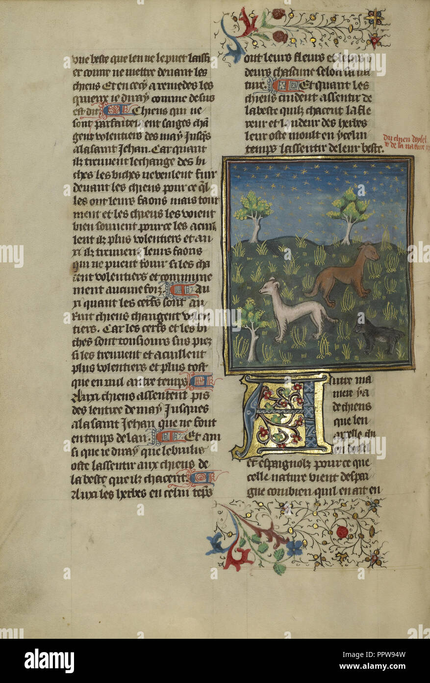 Épagneuls; Brittany, Francia; circa 1430 - 1440; tempere, oro vernice, vernice argento e foglia oro su pergamena; foglie: 26.4 Foto Stock