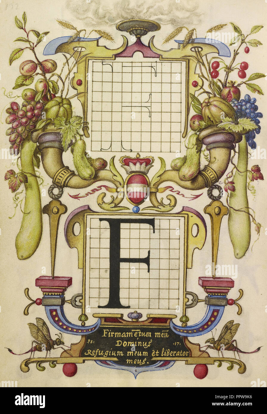 Guida per costruire la lettera F; Joris Hoefnagel, fiammingo , ungherese, 1542 - 1600, Vienna, Austria; circa 1591 - 1596 Foto Stock
