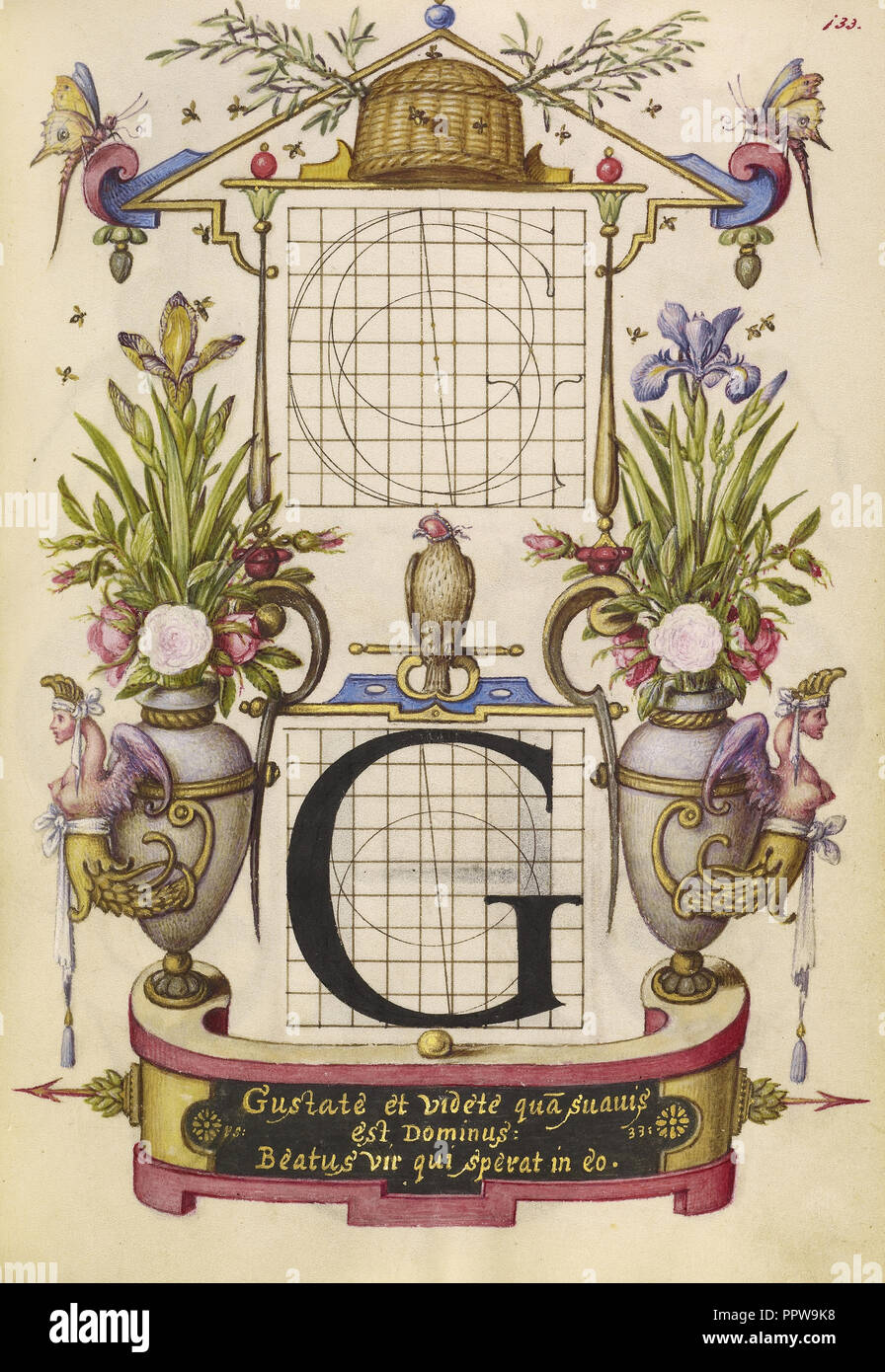 Guida per costruire la lettera G; Joris Hoefnagel, fiammingo , ungherese, 1542 - 1600, Vienna, Austria; circa 1591 - 1596 Foto Stock