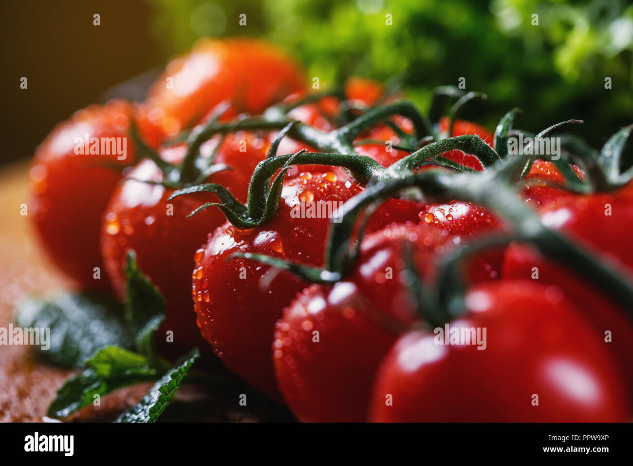 Un certo numero di pomodori in background di verde. I pomodori di rugiada Foto Stock