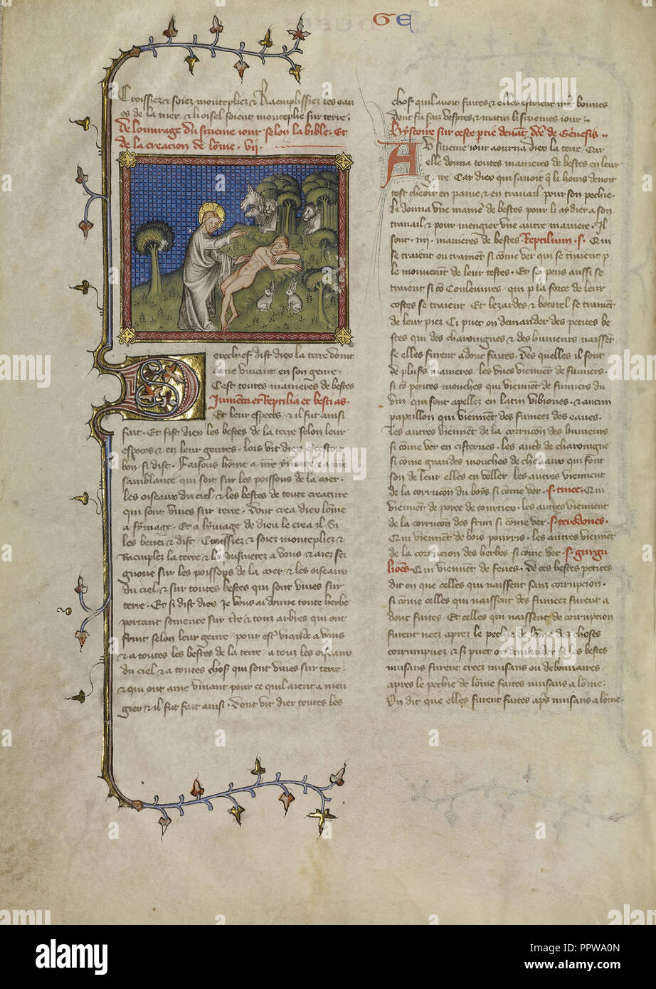 La creazione di Adamo; Maestro di Jean de Mandeville, Francese, attivo 1350 - 1370, Parigi, Francia; circa 1360 - 1370; tempera Foto Stock