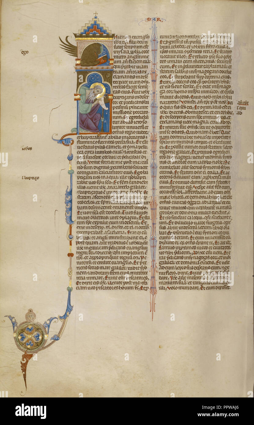 Ho iniziale: San Marco con il suo simbolo; Bologna, Emilia Romagna, Italia; circa 1280 - 1290; tempere, foglia oro e inchiostro Foto Stock