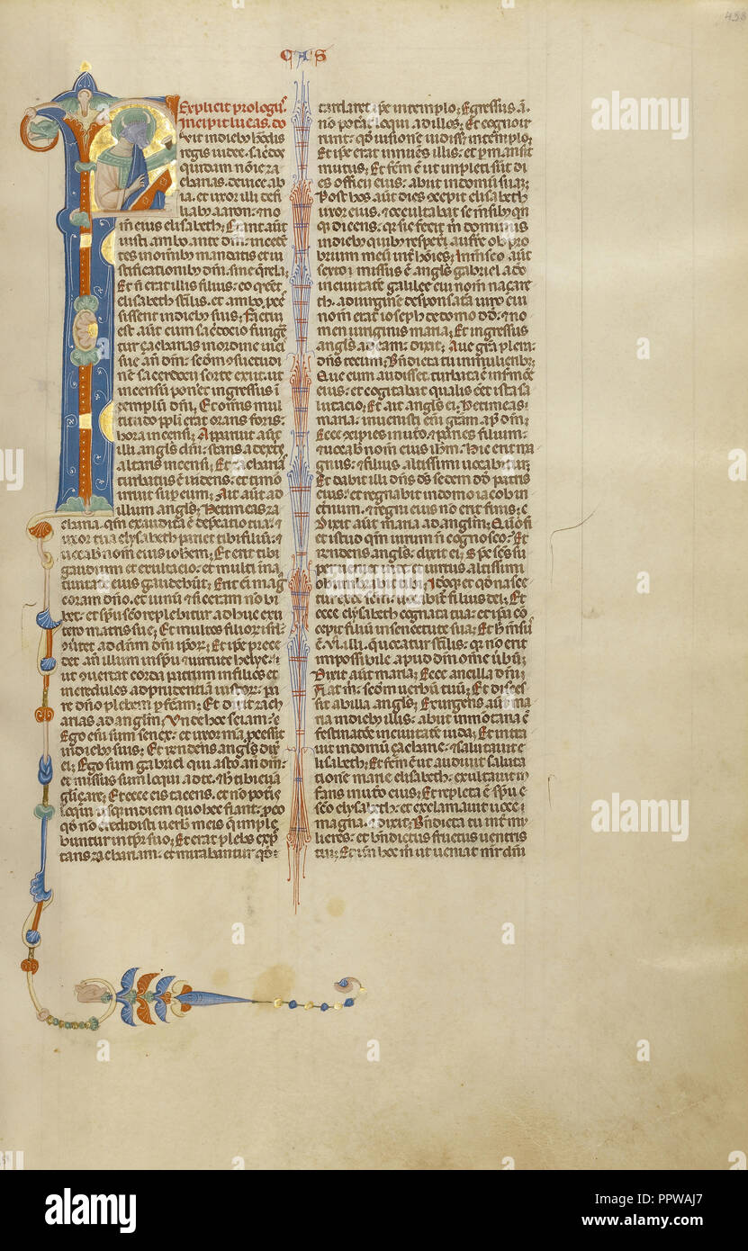 F iniziale: san Luca con la testa del suo simbolo; Bologna, Emilia Romagna, Italia; circa 1280 - 1290; tempere, foglia oro Foto Stock